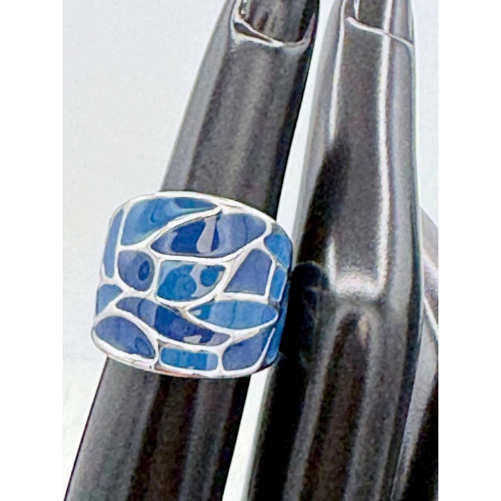 Blue Enamel Mosaic Statement Ring Silver Tone Wide Band Abstract Size 6